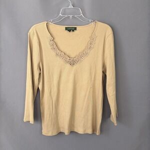 Lauren Ralph Lauren Top Womens XL Cotton Y2K Crochet Ribbed Knit 90s Basic